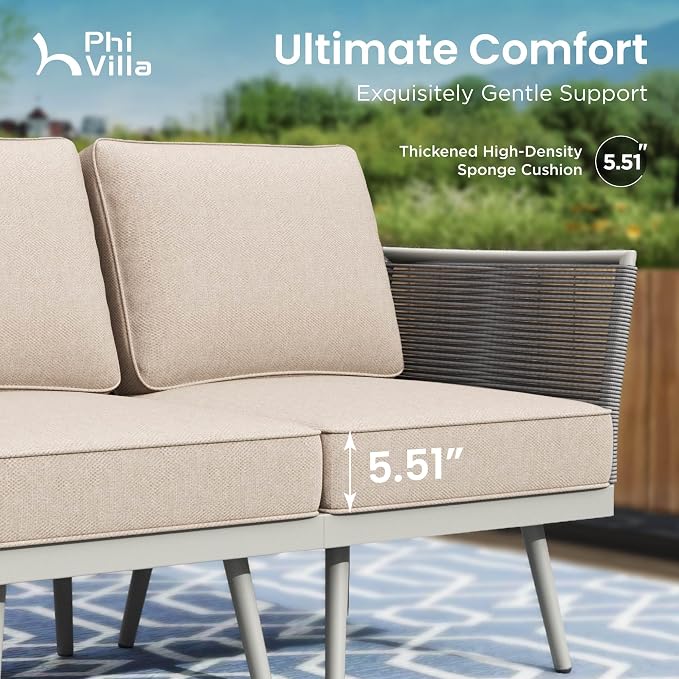 PHI VILLA 8-Piece Rope Rattan Patio Sectional Furniture Set,Modern Outdoor Conversation Set with Detachable Armrests and Grey Metal Frame,All Weather Patio Sofa with Coffee Table and Biege Cushions