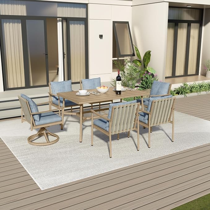 7-Piece Outdoor Dining Set for 6, Aluminum Dining Set with Cushions, 4 Dining Chair and 2 Swivel Chairs with Rope Backrest, Large Rectangular Table with Umbrella Hole for Lawn Porch Yard,Brown