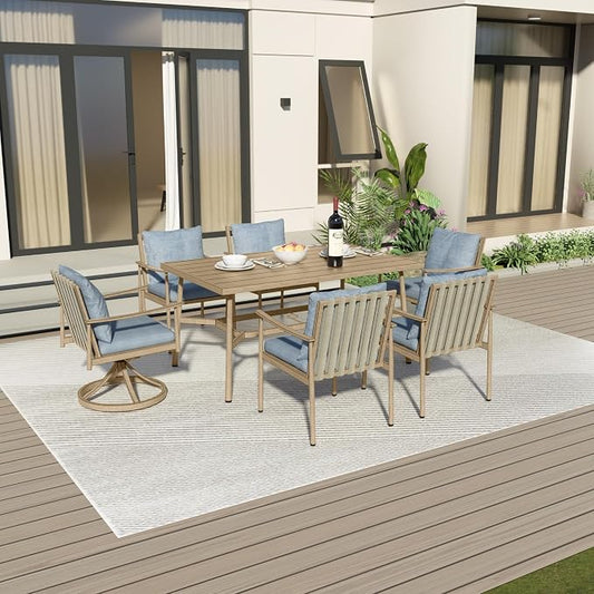 7-Piece Outdoor Dining Set for 6, Aluminum Dining Set with Cushions, 4 Dining Chair and 2 Swivel Chairs with Rope Backrest, Large Rectangular Table with Umbrella Hole for Lawn Porch Yard,Brown