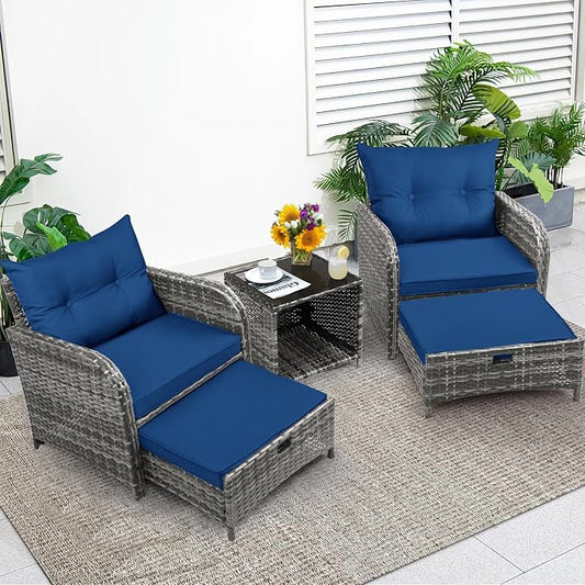 5 Pcs Outdoor Patio Chair with Ottomans, PE Wicker Rattan Patio Conversation Furniture Set, Space Saving Design Outdoor Chairs with Ottomans Set for Balcony Poolside Front Porch Deck, Blue