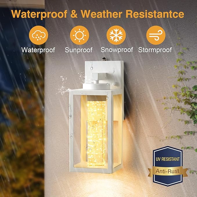 VIANIS 2 Pack Dusk to Dawn Outdoor Sconce Lights, White Built-in 10W LED Exterior Lighting Fixtures Wall Mount for House, Anti-Rust Modern Porch Lights Outdoor for Garage with Crystal Bubble Glass