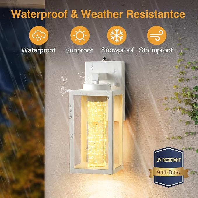 VIANIS White Outdoor Sconce Lights Integrated 10W LED Light Source, Waterproof Exterior Light Fixture Wall Mount Lantern for House Patio, Modern Porch Lights Outdoor Crystal Bubble Glass, Anti-Rust