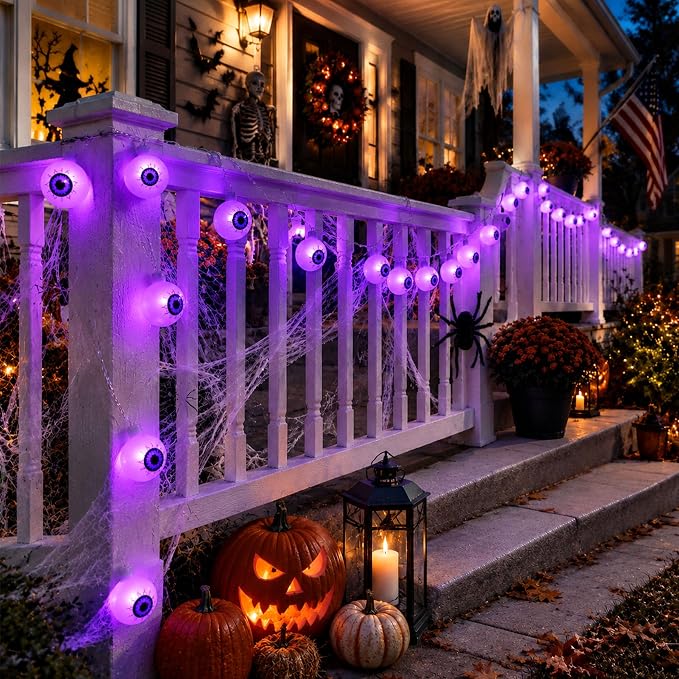 Crazy Night Halloween String Lights 10Ft 20 LEDs Battery Operated Purple Eyeball Lights Halloween Decorations Outdoor Indoor Party Decor