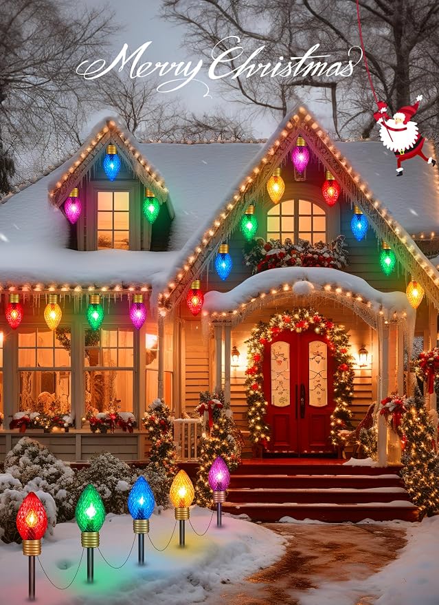 2 Pack Strawberry Jumbo C9 Christmas Pathway Lights Outdoor, Total 17FT | 10 LED C9 Walkway Light, Multicolor Bulb Holiday Pathway Light, Connectable Christmas Lights Outdoor Decoration for Lawn Yard
