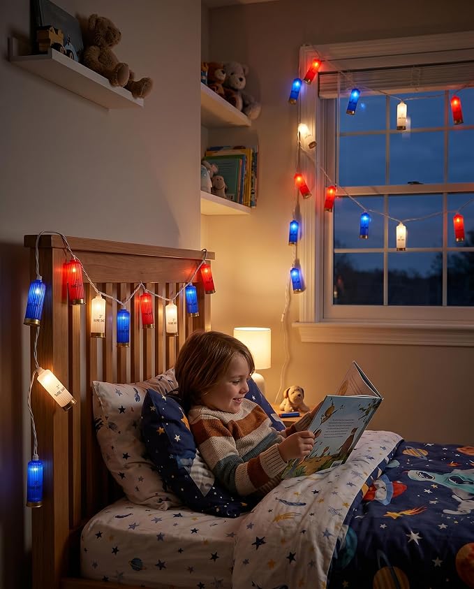 8.5Ft 4th of July String Lights, 10 LED Red White Blue Shotgun Shell Lights | Plug in for Home Classroom Porch Backyards Tree Patriotic Holiday Decorations, Indoor and Outdoor Use