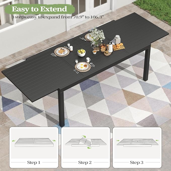 PIZZELLO 7 Pieces Patio Dining Set, 106" Extendable Aluminum Patio Dining Table w/ 6Pcs Textilene Swivel Patio Chairs, All-Weather Outdoor Table and Chairs Sets for Backyard, Garden and Deck