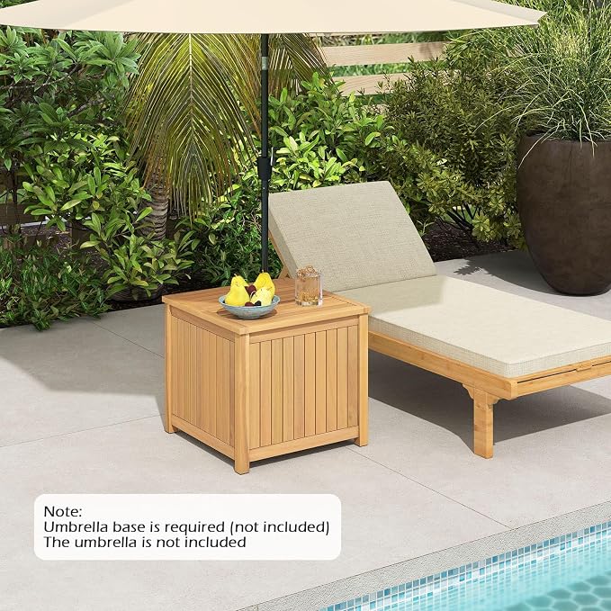 HAPPYGRILL Outdoor Side Table with Umbrella Hole, Acacia Wood End Table with Storage, Removable Base, Patio Storage Box for Backyard, Balcony, Poolside (Square)