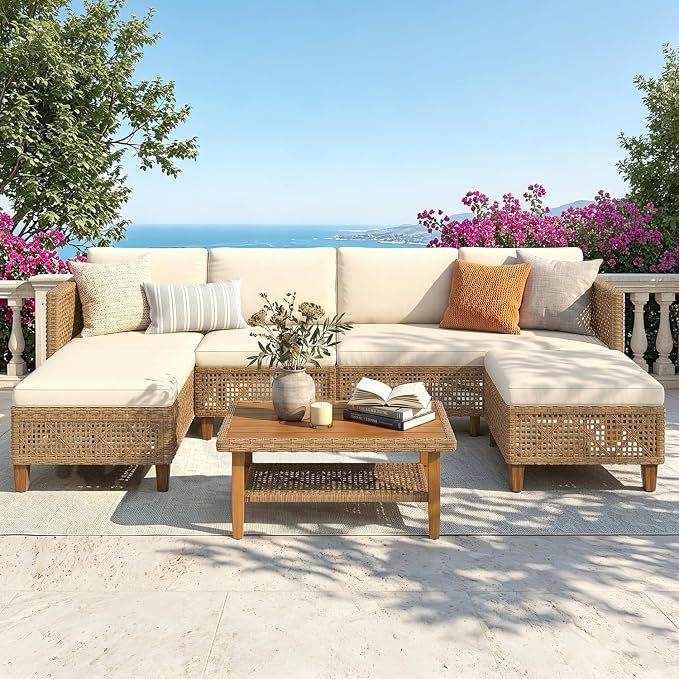 PHI VILLA Wicker Patio Furniture Set, Rattan Patio Sectional Sofa Outdoor Couch Set with Acacia Wood Coffee Table, 7 Pieces U-Shaped Patio Conversation Set for Backyard Porch, Beige Cushion