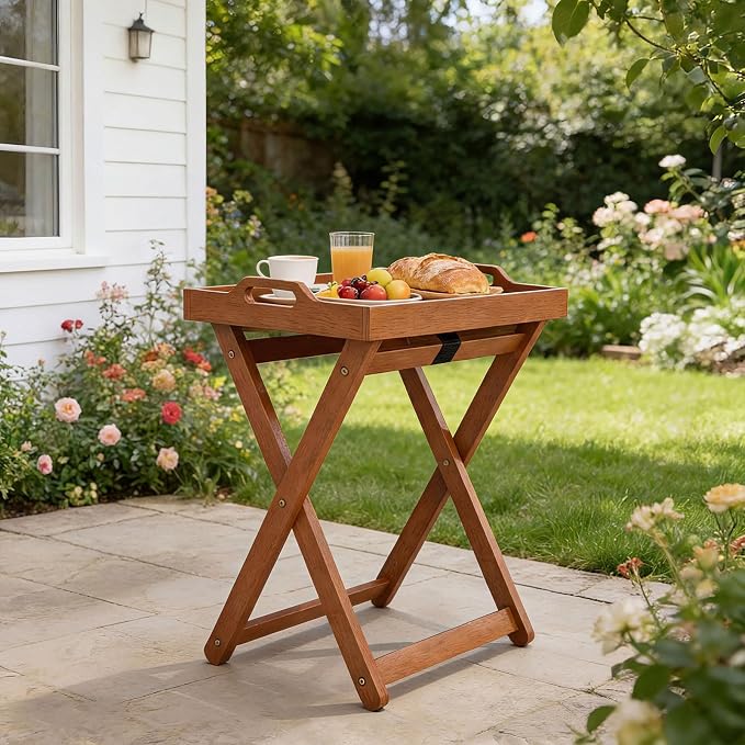 HAPPYGRILL Outdoor Wood Tray Table Folding Side Table with Removable Serving Tray, Portable Patio End Table for Porch, Garden, Backyard, Poolside (2)