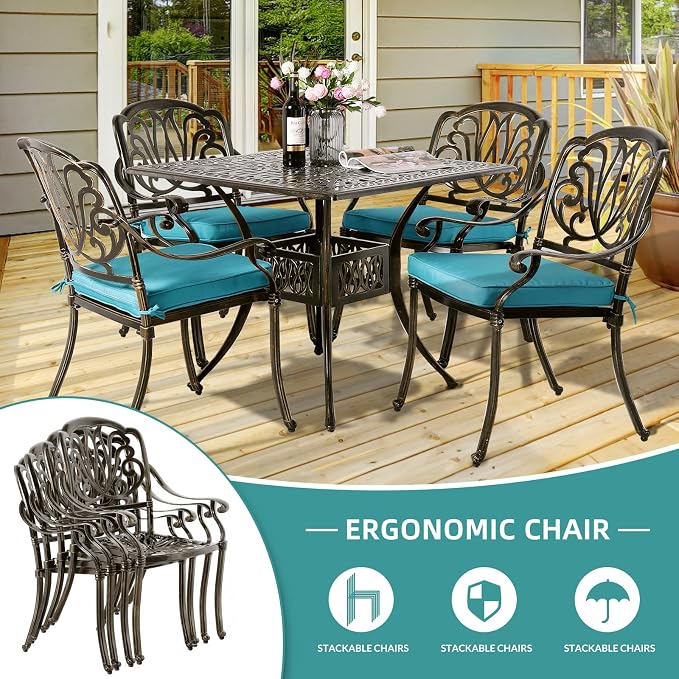 MEETWARM 5-Piece Outdoor Patio Dining Set, All-Weather Cast Aluminum Patio Conversation Set for Backyard Garden Deck with 4 Chairs, 4 Cushions and 35.4" Square Table, 2.2" Umbrella Hole, Ocean Blue