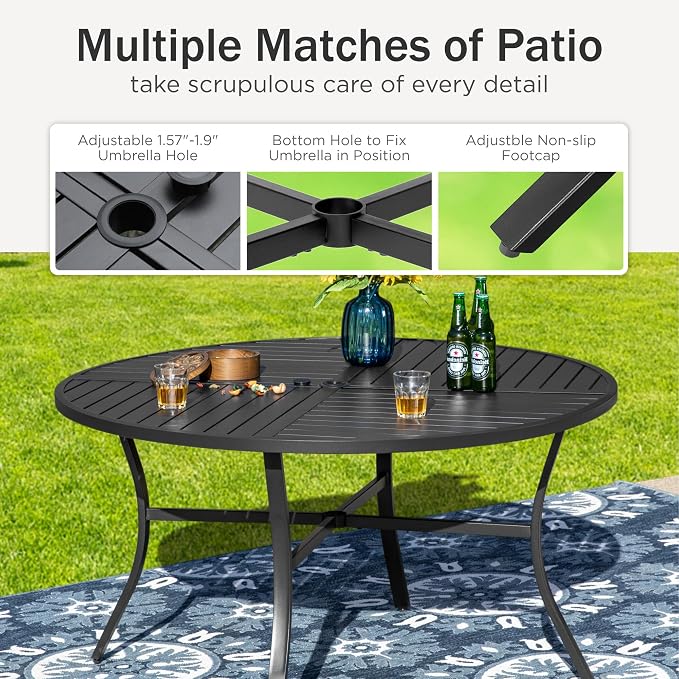 PHI VILLA Patio Dining Set, Round Metal Table | Metal chairs, Blue, Umbrella Hole, Cushions, E-coated