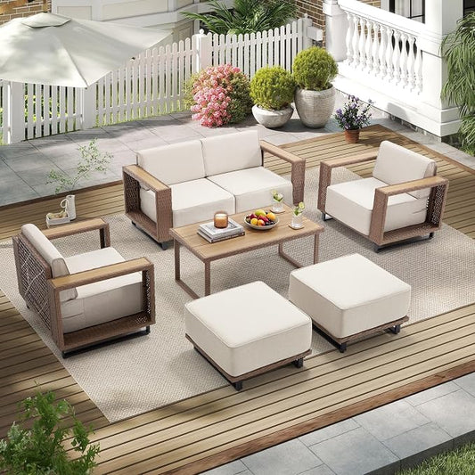 Bonzy Home 6 Piece Patio Furniture Set, Wicker Lounge Chairs Set of 2 with Rattan Side Table and 2 Ottoman & Loveseat Couch，Outdoor Patio Furniture with Extra-Thick Soft Cushions for Porch, Balcony