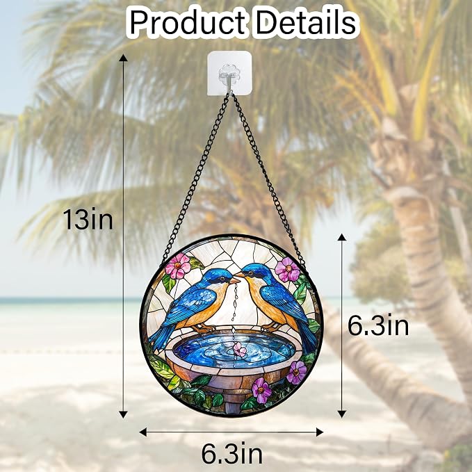 DASTOLL Stained Glass Window Hanging, 2 Blue Birds Suncatcher Diamond Glass Panel Hangings Bird Lover Sun Catchers Decor for Birthday for Women, Men, Wife, Aunt, and Mom 6.3 in