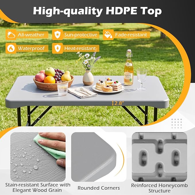 Giantex Folding Picnic Table Set w/ 2 Benches, 44" HDPE, Gray | Foldable Table & Chairs, All Weather Resistant, Space-Saving & Portable for Camping Party Dining BBQ, Large Weight Capacity