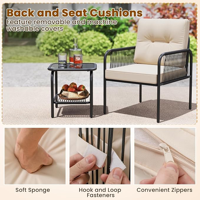 Tangkula 3 Pieces Patio Bistro Set, PE Rattan Furniture Set with Tempered Glass Table, Chairs, Back and Seat Cushions, Outdoor Wicker Conversation Set for Porch, Backyard, Garden and Poolside