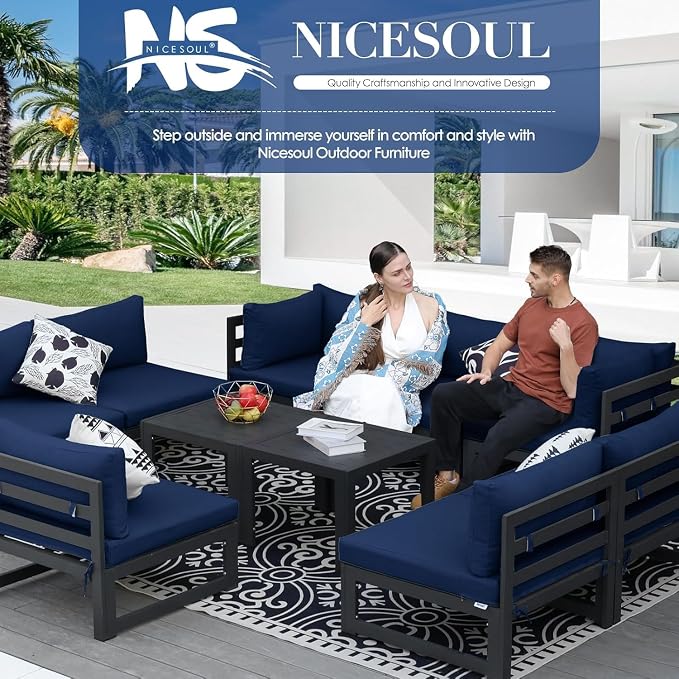 NICESOUL Extra Large Aluminum Patio Furniture Set with End Table, All-Weather 29" Wide Deep Seats Outdoor Sofa Conversation Set, Contemporary Sectional Couch for 10 Seats, for Garden, Navy Blue