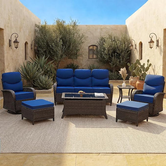 Patio Furniture Set with Luxury 6" Cushions, 7 Pieces High Back Swivel Rocking Patio Chairs, Couch and Ottoman, Outdoor Wicker Conversation Set for Deck, Porch, Backyard, Poolside, Blue