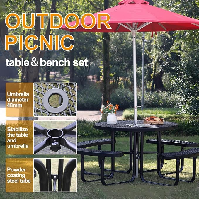46In Round Metal Picnic Table, Commercial-Grade Heavy Duty Outdoor Furniture, Rust-Resistant Outside Table for Patio, Garden, Playground and Parks (Black)