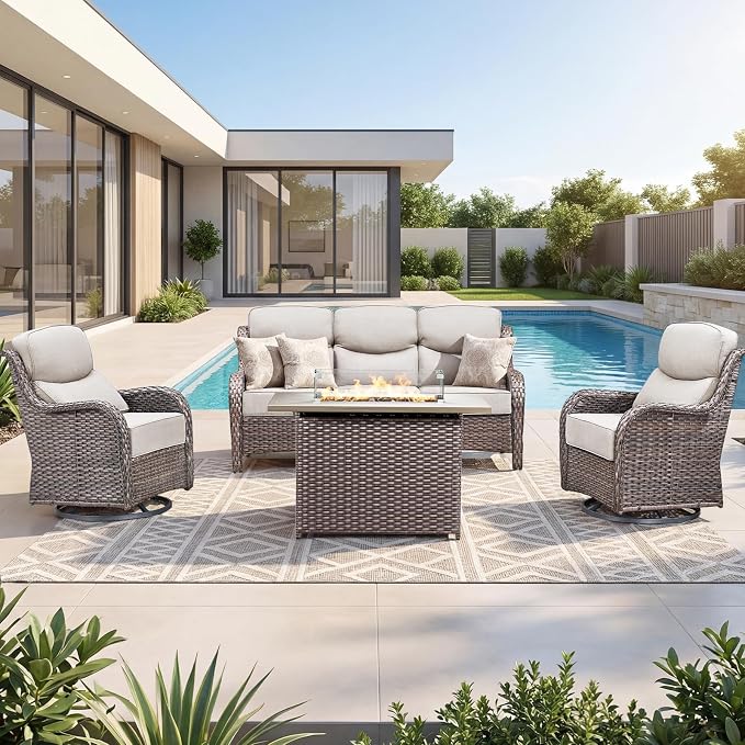 Luxury Patio Furniture Set with 6-inch Thick Cushion, Outdoor Furniture with Fire Pit Table, Swivel Chairs, Sofa, 4pcs Wicker Conversation Set for Deck Yard and Poolside(Brown Wicker/Beige Cushion)