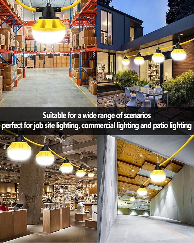 100FT LED Construction String Lights, with 10 Bulbs Industrial Grade 100W | 10000LM Temporary Work Lights,Linkable 5000K Super Bright Weatherproof Lighting for Construction Site, Job Site,&Outdoor Use