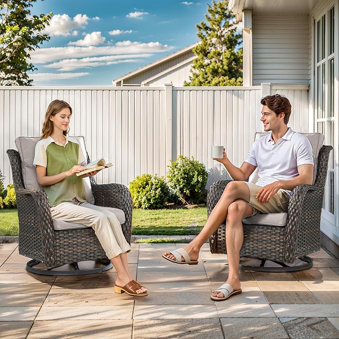 Outdoor Swivel Rocker Patio Chairs Set of 4 with Ottoman Coffee Table - 5" Thick Cushion 8 Piece Furniture Set All Weather Comfortable Wicker Conversation Set for Porch Deck - Brown/Beige