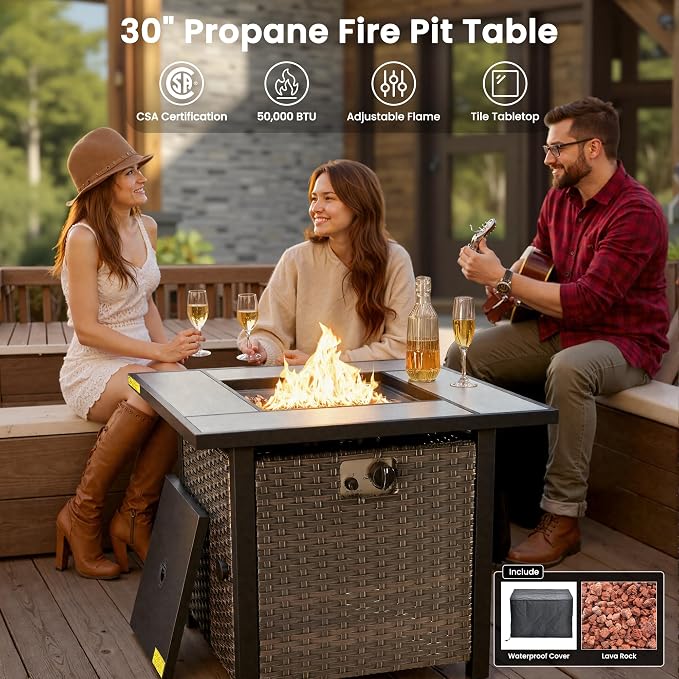 ovios 9 Pieces Patio Furniture Set with 30 inch Fire Pit Table, Outdoor Wicker Sofa Couch Swivel Rocking Glider Chairs, Modern Luxury Conversation Set, Brown Wicker, Navy Blue