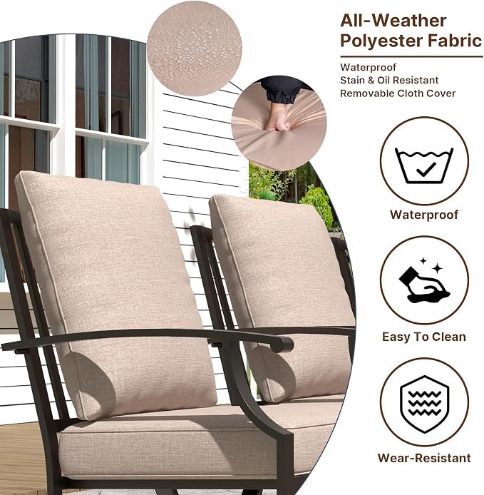 Gotland 7 Piece Outdoor Dining Set, Metal Outdoor Table and Swivel Chairs with X-Shaped Legs 1.5" Umbrella Hole, Patio Furniture Set with Waterproof Cushions, Patio Dining Sets for Backyard Deck Khaki