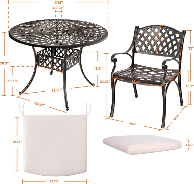 NUU GARDEN 5 Piece Outdoor Patio Dining Set with Beige Cushions, Cast Aluminum Round Dining Table with Umbrella Hole and Patio Dining Chairs for Garden, Balcony, Black with Bronze Edge