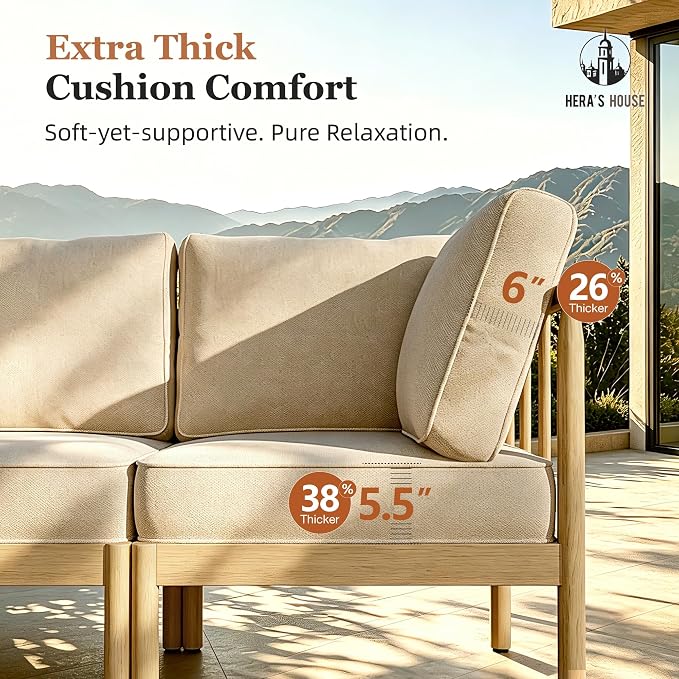 HERA'S HOUSE Patio Furniture,Acacia Wood Outdoor Sectional Sofa with 5.5" Ultra-Thick Cushions, L Shaped Modular Patio Conversation Set,Lawn Garden Backyard Couch Set with Nesting Tables,Beige