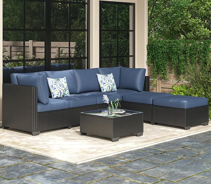 AECOJOY 7 Piece Outdoor Patio Furniture Set, Outdoor Sectional Conversation Furniture Chair with Coffee Table, Patio Sectional for Backyard, Garden(Navy Cushions and Black Rattan, with Cover)