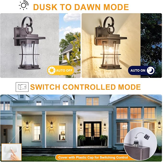 2 Pk Oil Rubbed Bronze Outdoor Sconces Light with Dusk to Dawn Sensor Photocell Exterior Porch Lanterns Outside Wall Lamps Waterproof Brown Metal with Seeded Glass Coach Light Fixtures for House