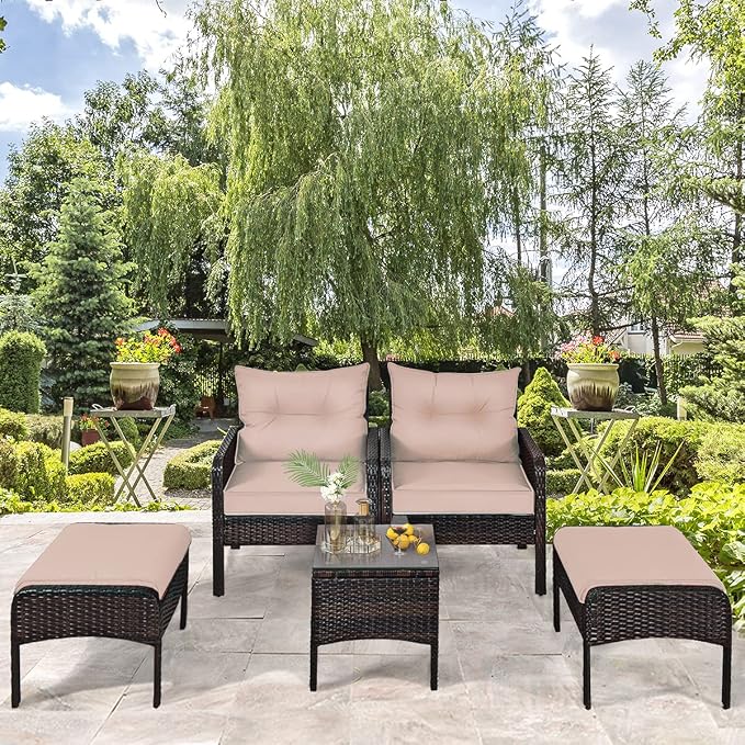 HAPPYGRILL 5-Piece Patio Furniture Set Outdoor Rattan Wicker Conversation Set with Coffee Table Cushioned Sofas and Ottoman Chat Set for Garden Backyard