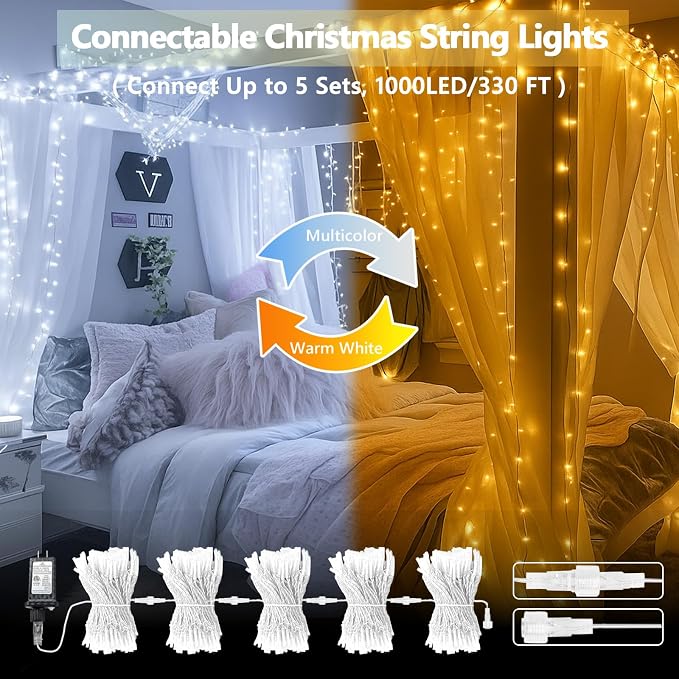 200 LED Connectable String Lights with Remote, Warm White to Cool White | 11 Modes, Timer, 66FT Clear Wire Waterproof Color Changing Twinkle Fairy Lights Plug in for Bedroom Patio Xmas Tree Decor