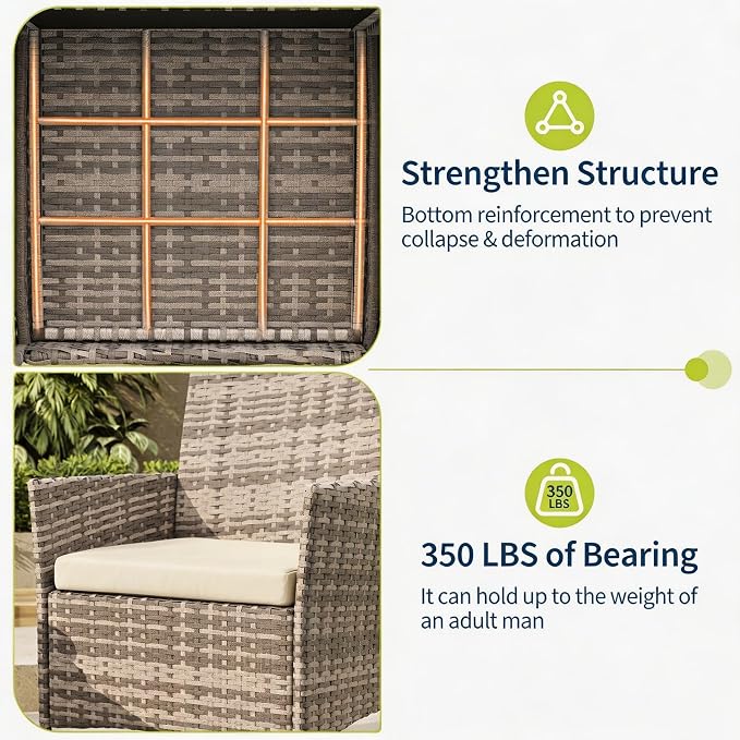 3-Piece Outdoor Furniture Set, PE Rattan Wicker Chairs with Soft Cushions & Tempered Glass Coffee Table - All-Weather Patio Set for Garden, Backyard, Porch, Poolside (Grey/Beige)