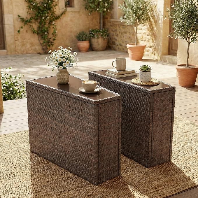 SUNSITT Rattan PE Resin Wicker Patio Side Table 2-Pack Sofa Wedge End Table with Tempered Glass Top, Brown