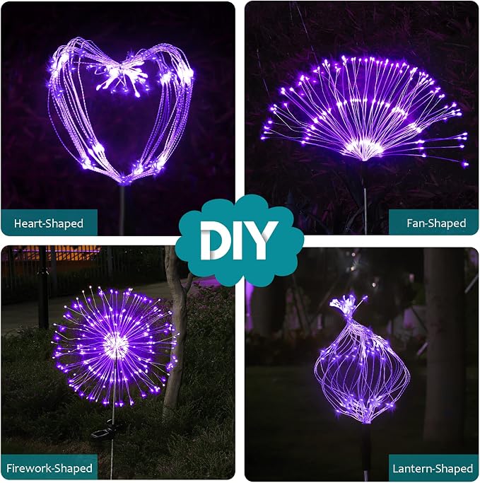 Solar Firework Lights, 2 Pack 120 LEDs 2 Lighting Modes Solar Garden Lights Outdoor Waterproof for Yard Patio Walkway Pathway Party Wedding Christmas Decorative - Purple