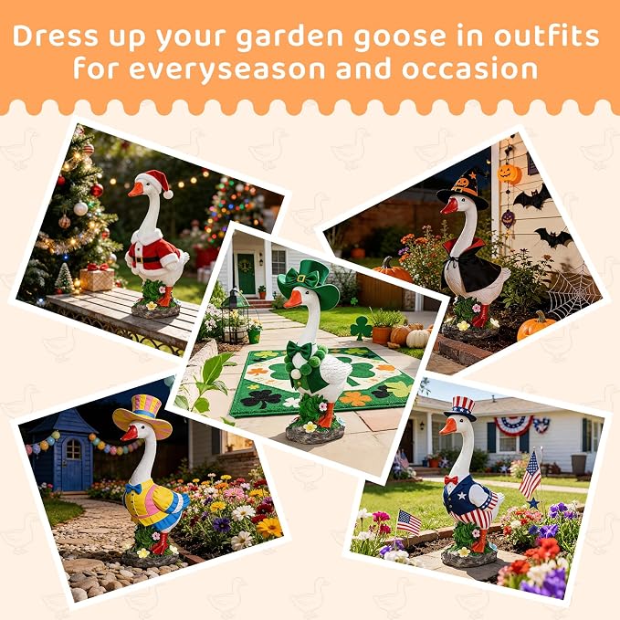 Large Porch Goose Statue with Solar Garden Light,20 Inch Realistic Hand-Painted Goose Sculpture, All-Weather Resin Outdoor Decor for Garden, Yard, Patio, Fits Standard Goose Porch Duck Outfits,White