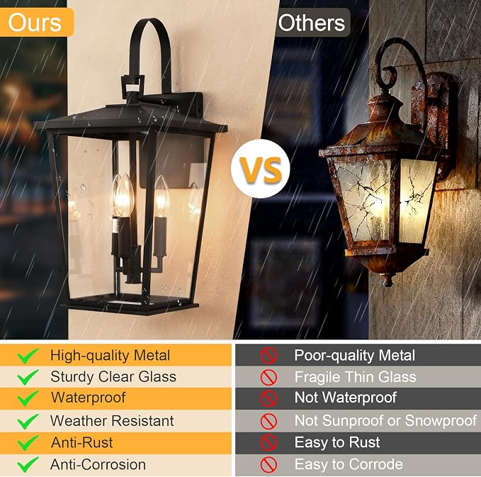 Modern Outdoor Wall Sconce Fixture 20 1/2", Matte Black, 3-Light Exterior Wall Mount Lighting with Clear Glass Panels for House Porch Patio Outside Deck Garage Yard Front Door Garden Home