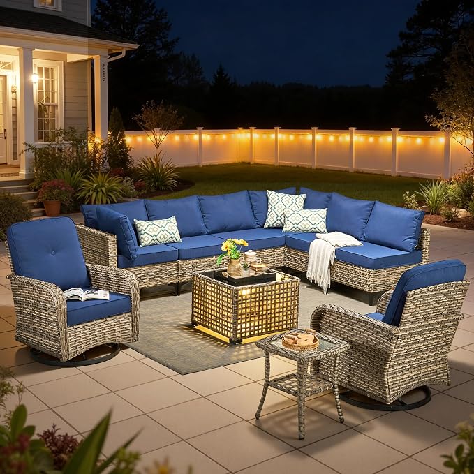 10 Pieces Outdoor Sectional Patio Furniture Set with Swivel Rocking Chairs,Wicker Conversation Sets Rattan L Shaped Couch,Modular Outdoor Sofa for Porch Balcony Backyard Navy Blue