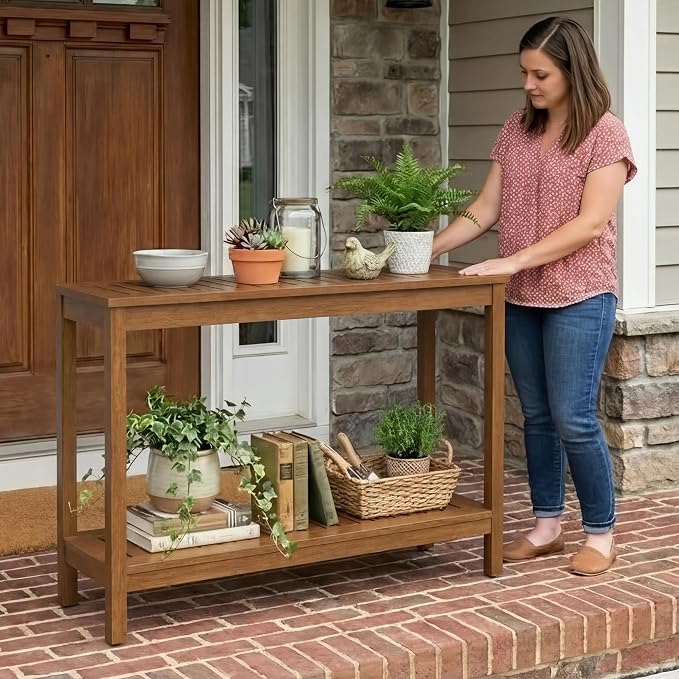 DTY Outdoor Living Eucalyptus Wood Console Table, Two-Shelf Outdoor Buffet, Brown Weather-Resistant Finish