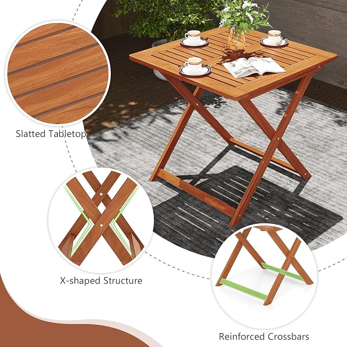 HAPPYGRILL Folding Patio Dining Table with Umbrella Hole, Solid Wood Square Table for 4 with Slatted Tabletop & X-Shaped Support Legs, Space-Saving Design, for Yard or Deck