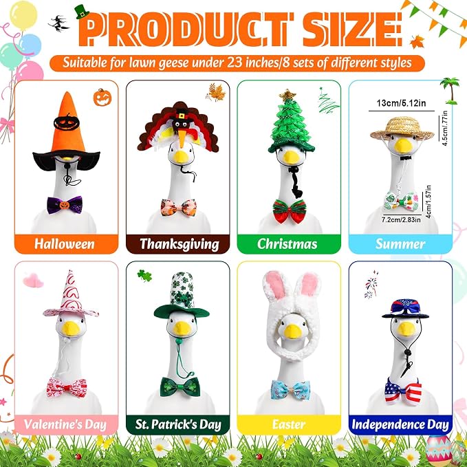8 Set Holiday Porch Goose Outfits All Seasons Fall Halloween Christmas Summer Lawn Porch Goose Clothes for Goose Garden Patio Yard Lawn Decor(23 Inch)