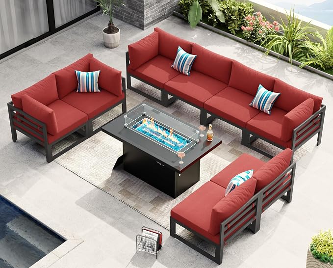 NICESOUL 8 Seat Modern Aluminum Patio Furniture Set with Fire Pit Table, 500 lbs Heavy Duty Outdoor Sectional Sofa, 29" Deep Wide Oversized Seating L Shaped Conversation Couch for Deck Lawn, Burgundy