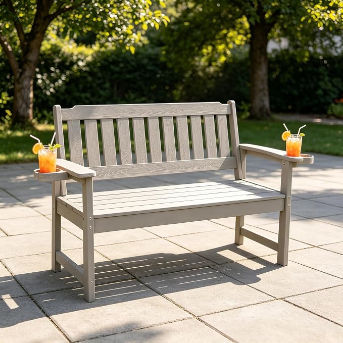 Outdoor Wooden Bench, 2-Person Garden Bench with Backrest and Armrests,Long Loveseat Bench for Garden,Porch,Courtyard, Home.(Light Gray)