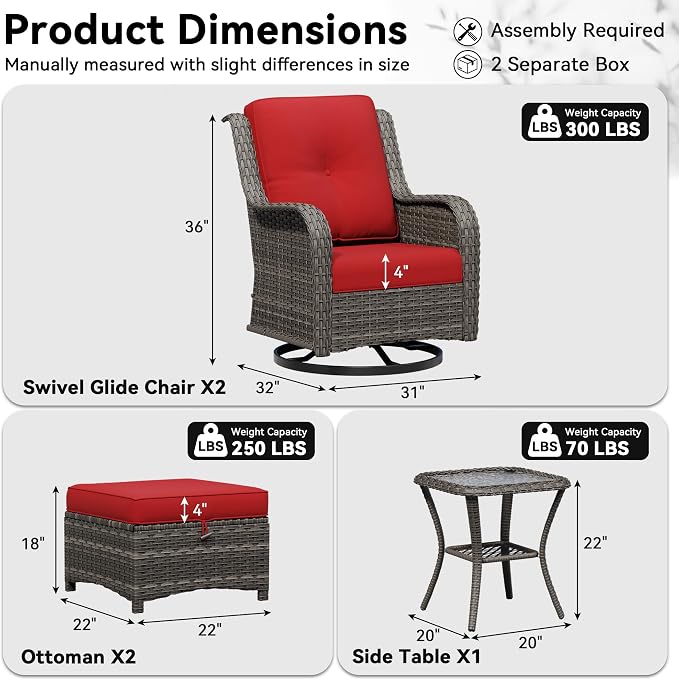 5 Piece Outdoor Wicker Patio Furniture Set, Outdoor Swivel Rocker Patio Chairs Set with Thickened Olefin Cushions, High Back and Deep Seating, Hand-Woven PE Rattan for Porch, Deck