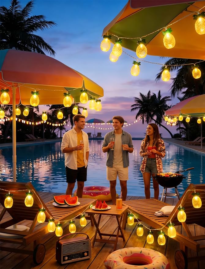 Abeja Summer String Light, 8.5Ft Pineapple Fairy Lights with 10 Pineapple Fun Patio Lights, Outdoor Indoor Party Lights for Party Bedroom Home Birthday Hawaiian Tropical Tiki Gifts Decor