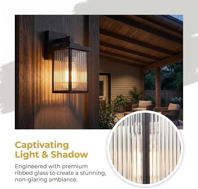 Black Wall Mount Porch Lights with Ribbed Fluted Glass | 10.6 inch, Anti-Rust Metal Frame, Tempered Glass, E26 Socket, Pre-Assembled DIY Install for Porch, Garage, Front Door