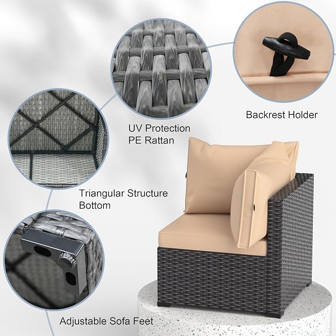 Patio Furniture Set with Fire Pit Table, 8PCS Outdoor Conversation Sets Waterproof Rattan Sectional Sofa with 4” Thickened Cushion Modular Wicker Patio Furniture Set with Glass Top Table (Coffee)