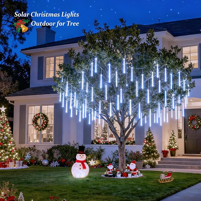 JMEXSUSS White Solar Lights Outdoor, Solar Meteor Shower Lights Outdoor | 8 Tube 144 LED Christmas Lights for Tree Wedding Xmas Holiday Party Patio Gazebo Decor