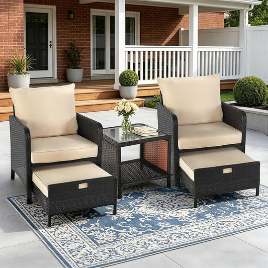 YLGJ&TIDY 5 Pieces Patio Furniture Set, Rattan Outdoor Lounge Chairs with Soft Cushions,Outdoor Wicker Patio Conversation Set with Hidden Ottoman and Coffee Table for Porch, Garden, Backyard (Khaki)
